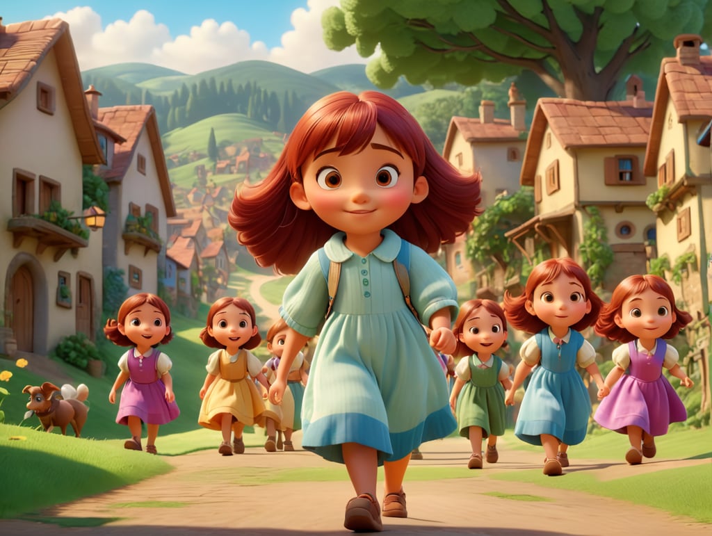 “Show the young protagonist, Mia, approaching the group of children, walking in a picturesque village nestled between rolling hills and lush forests, animated Pixar style, high-quality image, illustration, 4k, 3D”