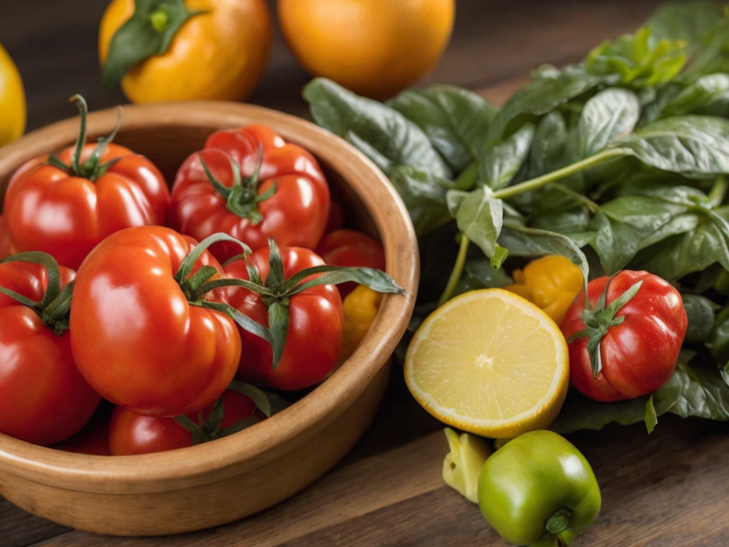 a bowl of tomatoes, peppers, and oranges on a table with greens and oranges in the background, a stock photo, incoherents, Arcimboldo, professional food photography