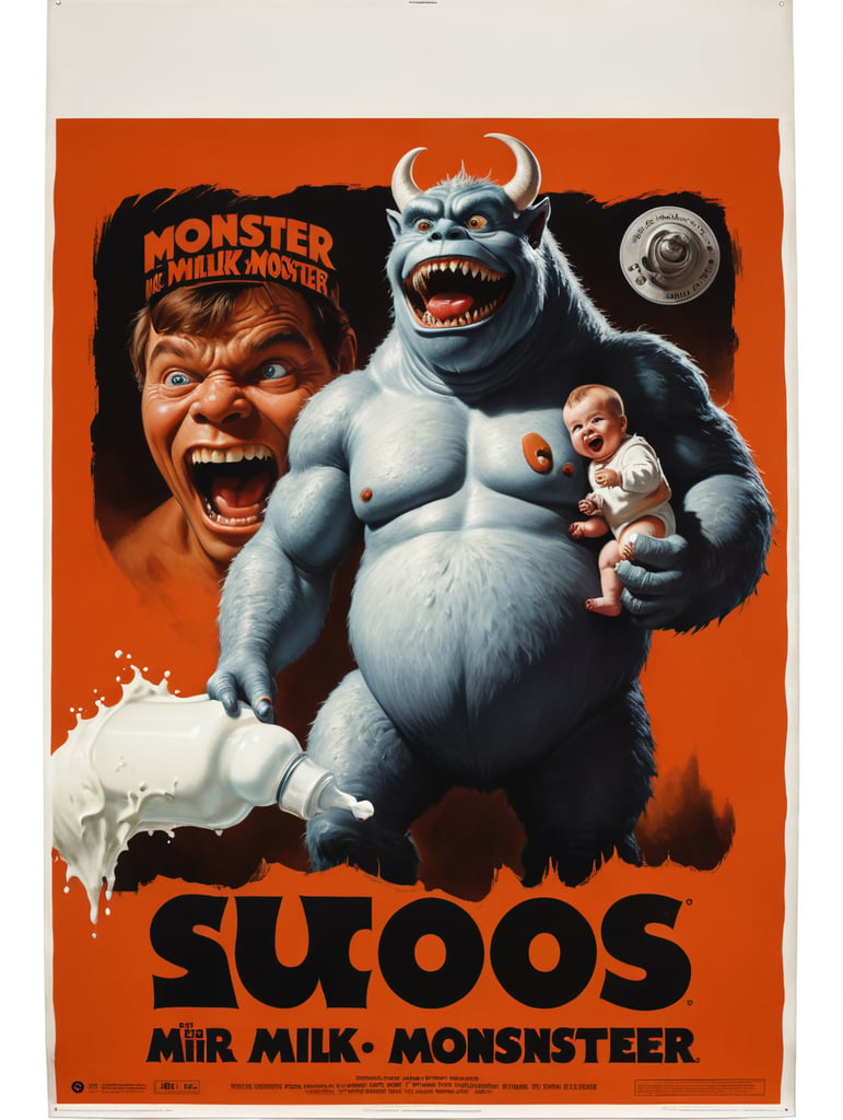 Premium Free ai Images | vintage movie poster of milk monster the monster  is adorable young cute fat furry and all white it holds babys bottle full  of milk in the upper