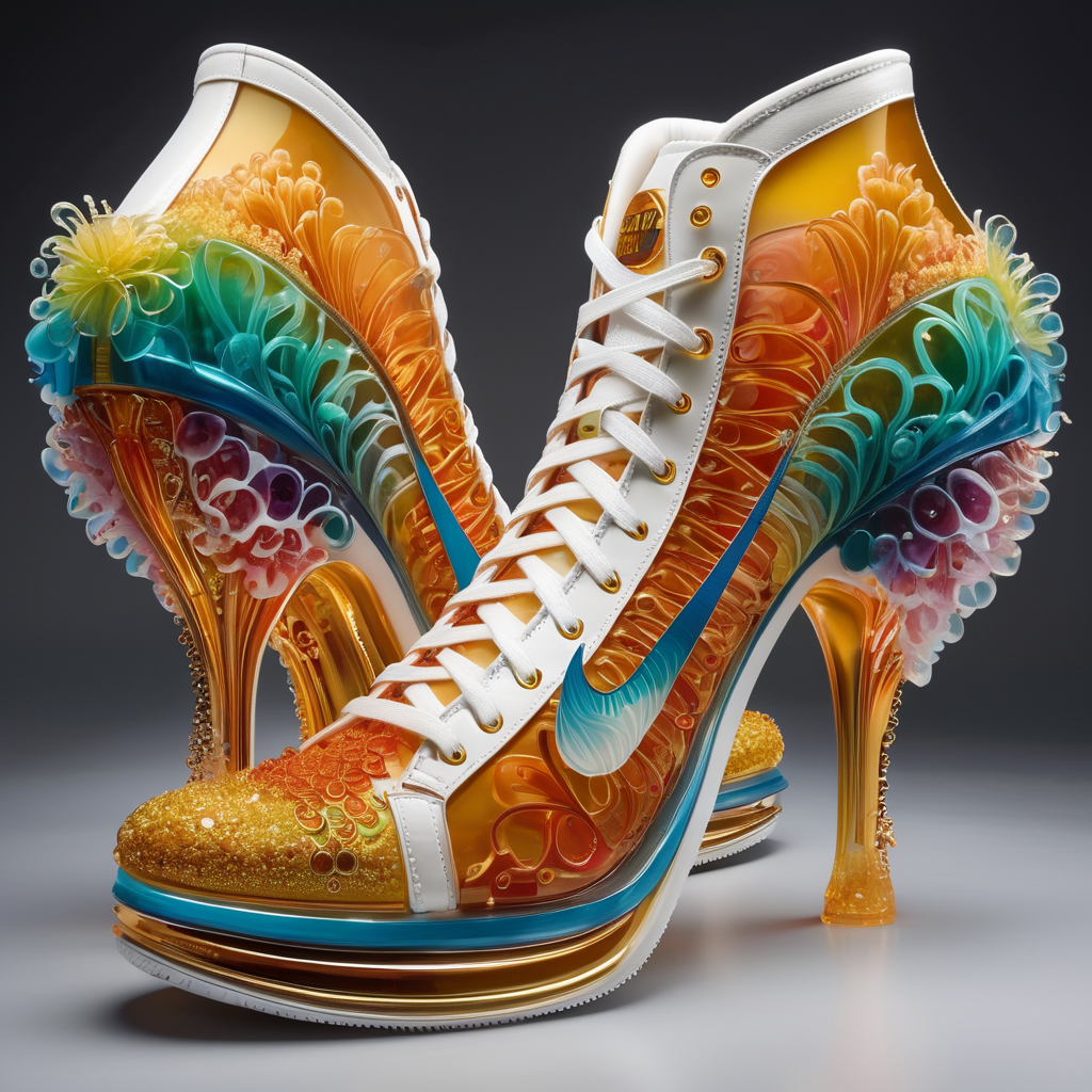 Premium Free ai Images | stunning interpretation of nike sexy extreme high  heel shoe sneaker made of jellyfish advertsiement solarpunk highly detailed  and intricate golden ratio very colorful hypermaximalist ornate luxury
