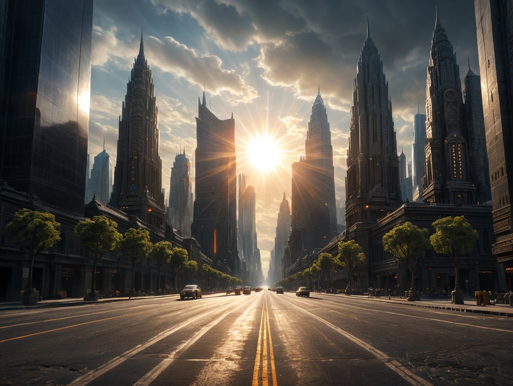 person stop hand at the center of the road with high buildings on both left and right and the sun at the middle