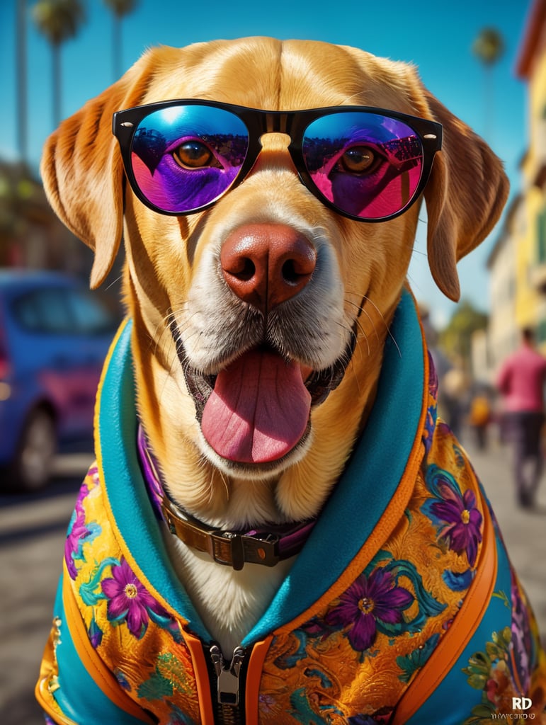 Cachorro da raça labrador wearing a brightly patterned jacket and wayfarer glasses, Vivid saturated colors, Contrast color
