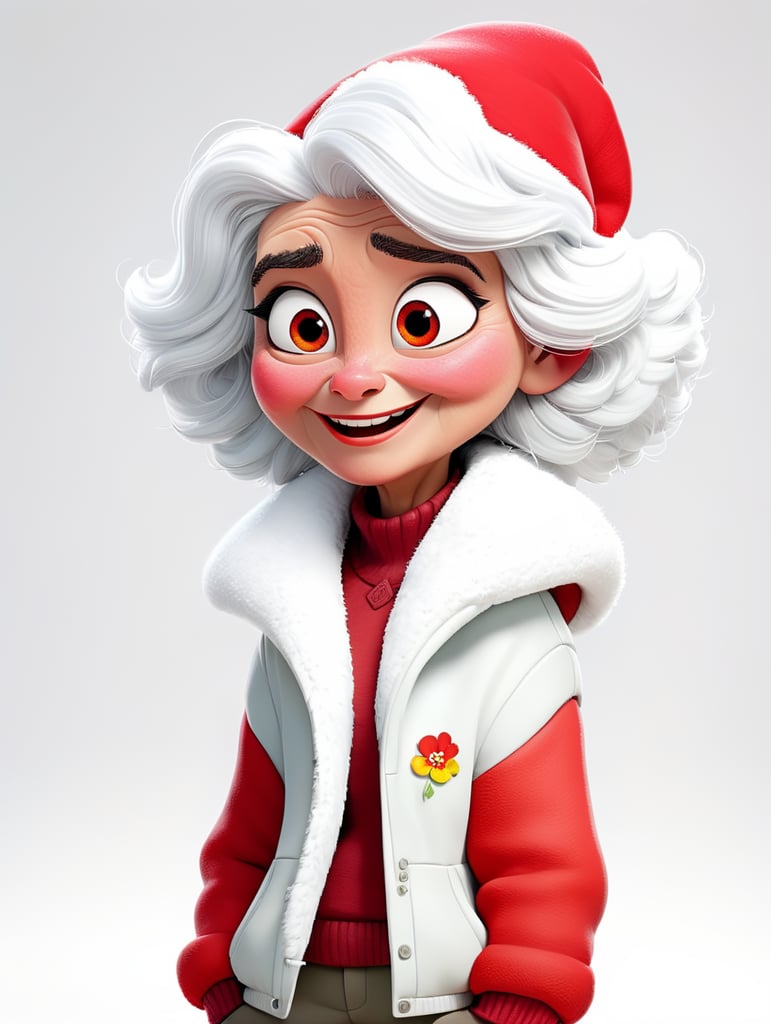 a happy young women with white hair and red hat on his head is wearing a white fluffy jacket, isolated, white background
