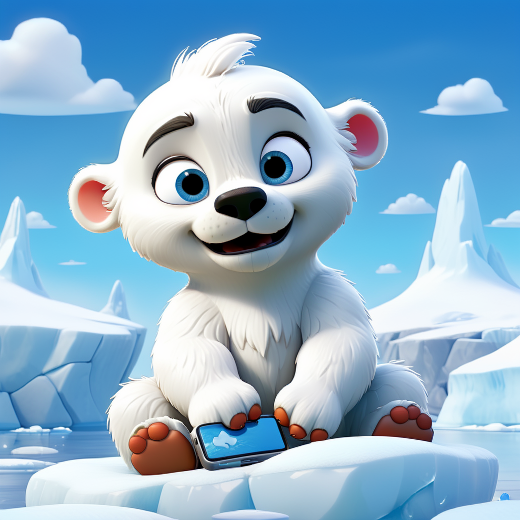 Polar bear baby with blue eyes sits on an ice floe and and has an apple mobilephone in his hand. Tall icebergs in the background with flowers blooming on them. Bright blue sky with small white clouds.