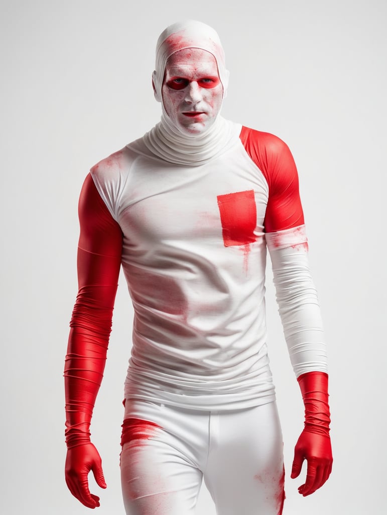 Premium Free ai Images | photograph of man covered in red bandages with  realistic style halloween costume white background full body show hands  show neck and head