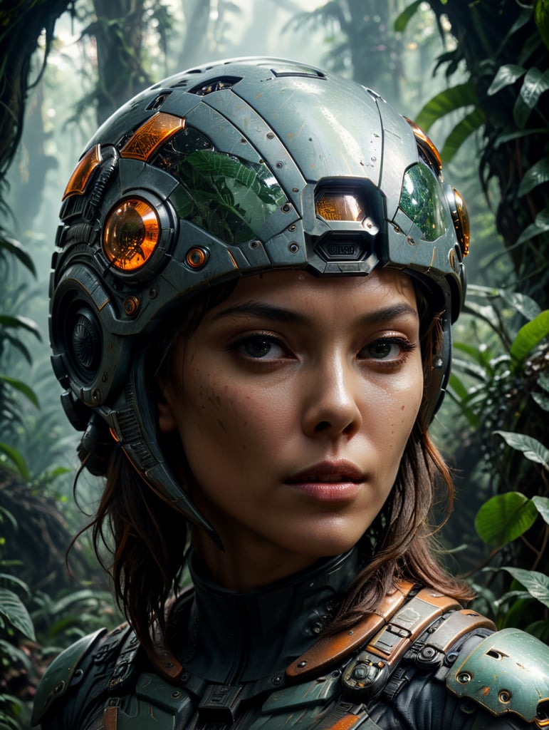 Waist-up, muted photo portrait titled "female futuristic alien in a jungle", broken helmet tangerine, muted palette, muted colors, detailed, 8k