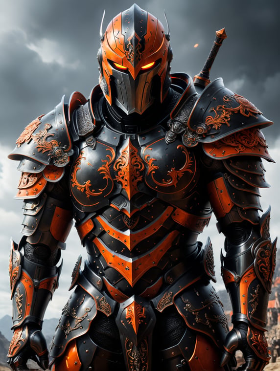 Premium Free ai Images | make the armour white and black and orange