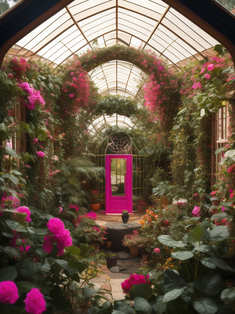 Architectural photo of a maximalist pink solar greenhouse interior with lots of flowers and plants, golden light, hyperrealistic surrealism, award winning masterpiece with incredible details, epic stunning pink surrounding and round corners, big windows, art space, green house walls and celling