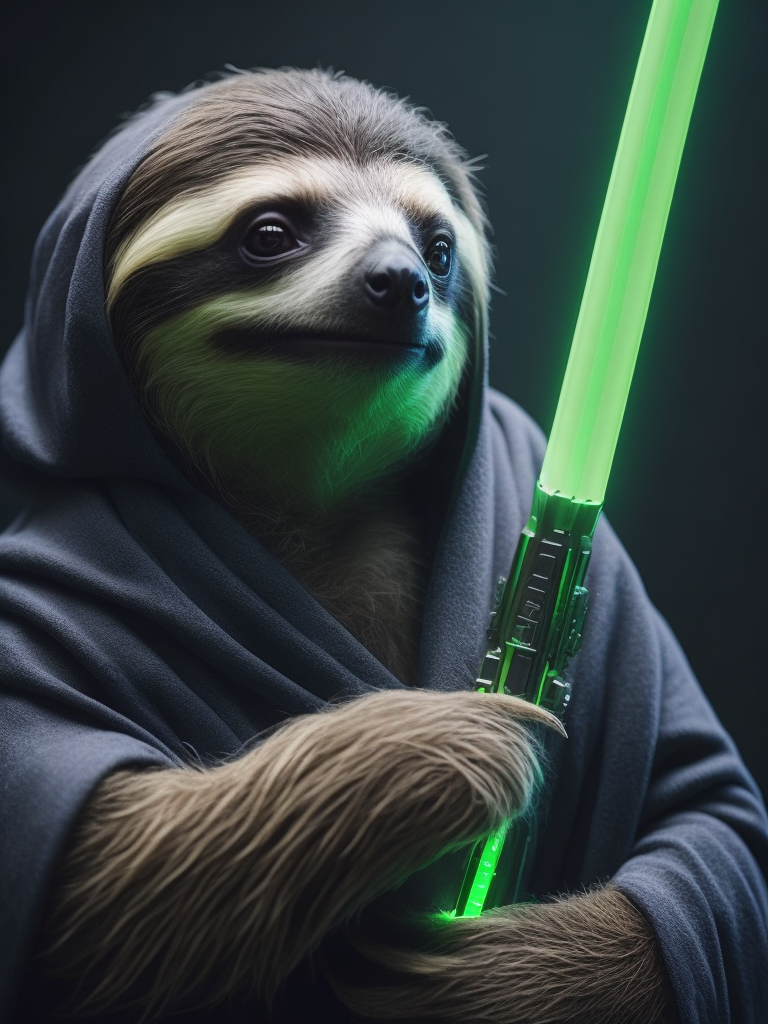 Sloth jedi holding a green lightsaber