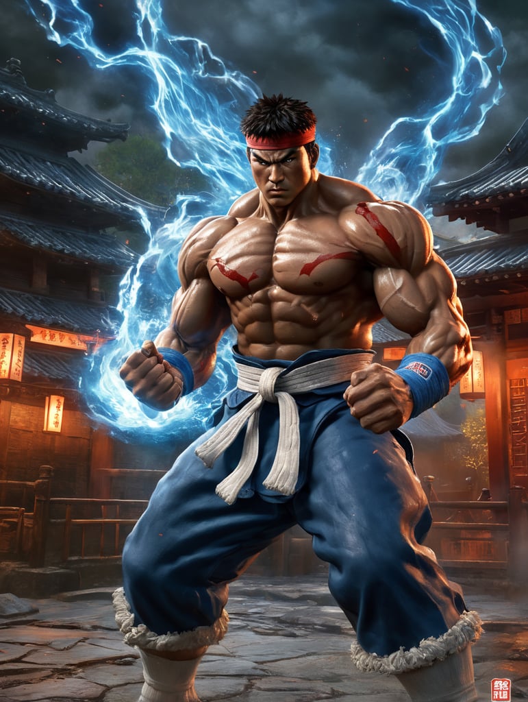 Premium Free ai Images  ryu street fighter character detailed portrait  fight blood scream blue energy blast full body background old style japan  house fire