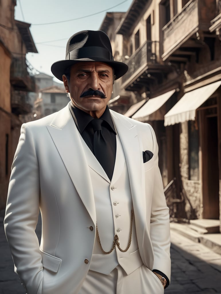 Portrait of an Italian mafioso from the 1970s, in a white suit with a black coat draped over his shoulders, a face with regular features, the Sicilian face of a 50-year-old mafioso with a neat black mustache in a white hat. In the background is the background of old American neighborhoods, highly detailed. Dramatic light. Correct features, front portrait photo.