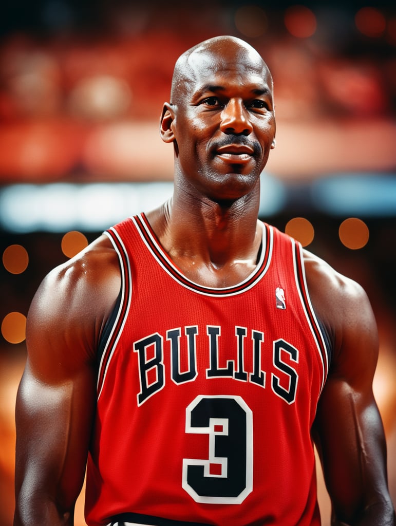 Portrait of Michael Jordan, bright and saturated colors, elegant, highly detailed, vogue, fashion magazine, sharp focus, bright expressive, dramatic lighting, depth of field, incredibly high detailed, blurred background'