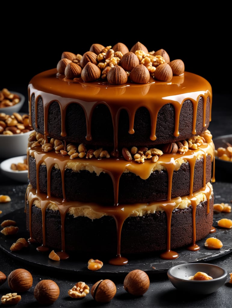 sponge cake with salted caramel, butter cream and nuts.