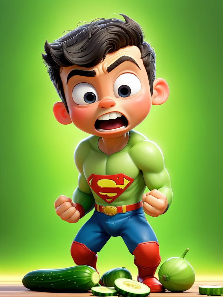 Crea un immagine di un bambino supereroe che mangia un cetriolo e fa de peti