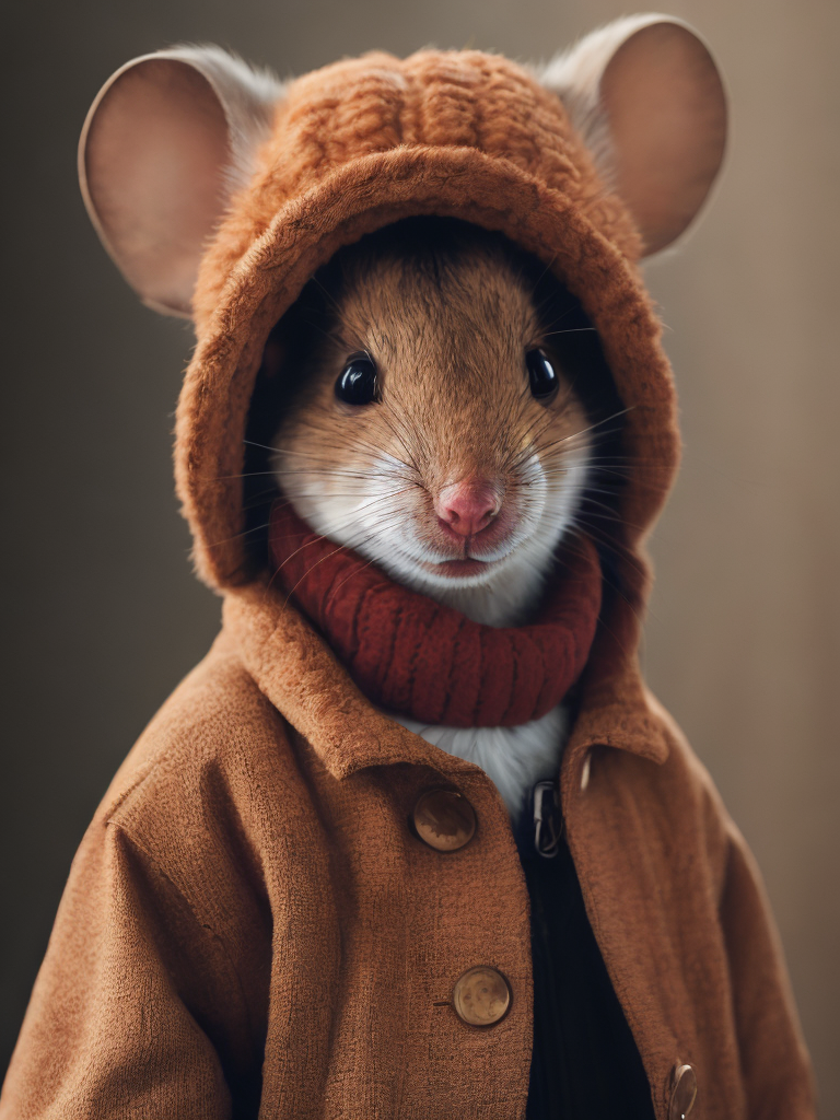 Cute mouse in winter wearing jacket and hat, in the style of reylia slaby, ben wooten, terracotta, colorful fauna