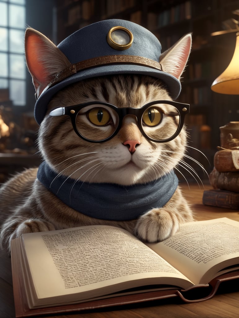 Premium Free ai Images | animated cute cat reading glasses hat in the style  of pixar detailed background