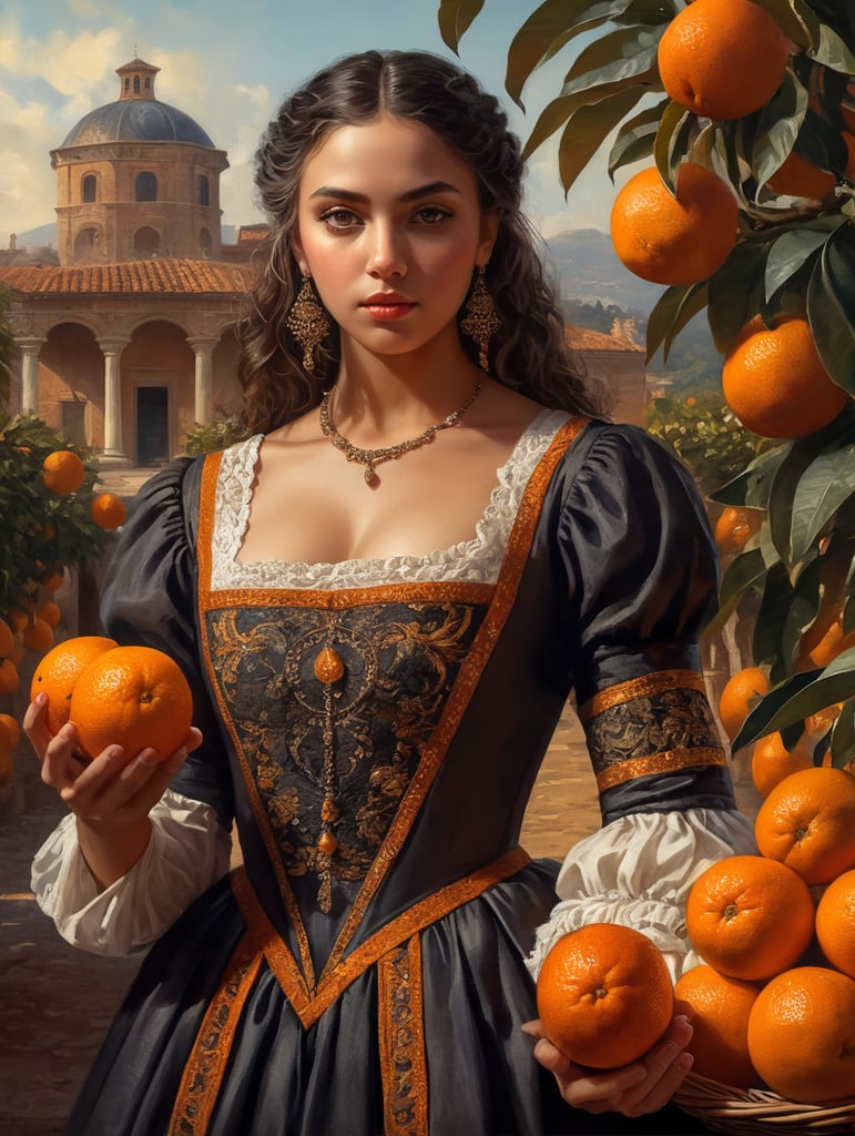 Portrait of a young, dark and beautiful Italian girl growing oranges from Sicily in 17th century Italian folk dress, dramatic lighting, depth of field, orange trees in the background. Oranges should have a beautiful, even structure. Incredibly high detail holding fresh oranges in hand