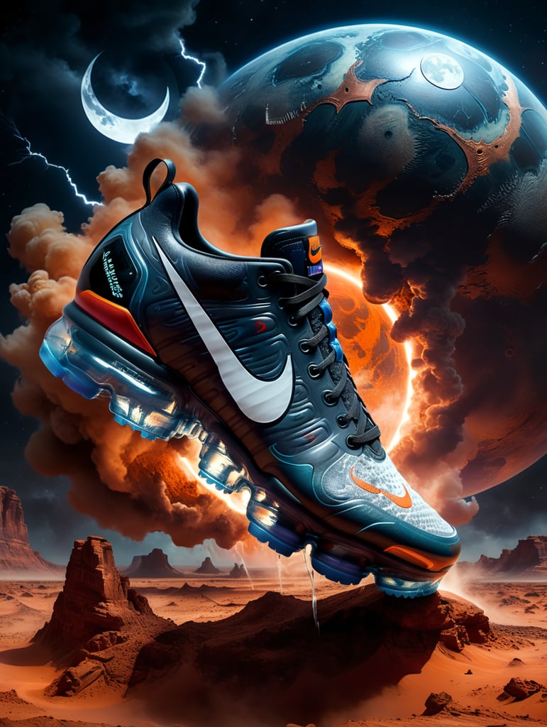 Premium Free ai Images | nike vapormax concept water print nasa space force  logo with dark moon in the background with lightning on mars atmosphere