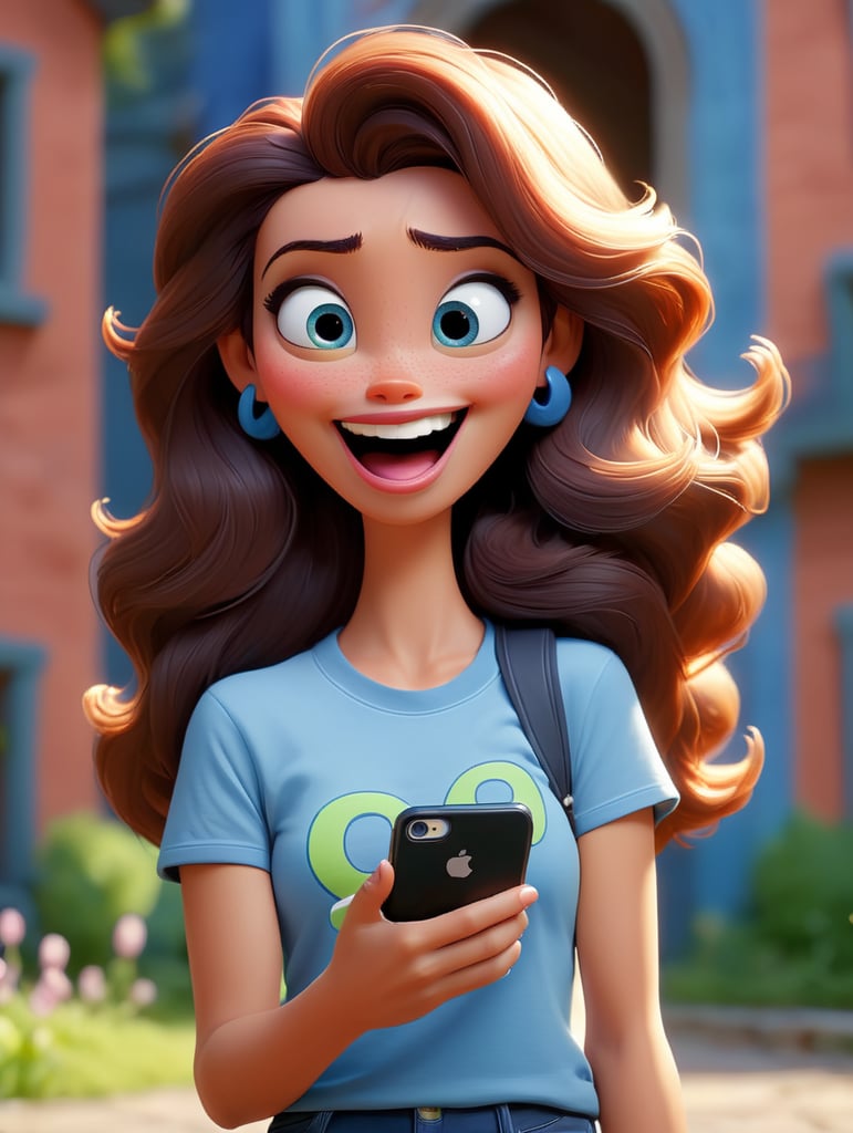 linda mulher jogando no celular e feliz de frente para camera com camiseta azul