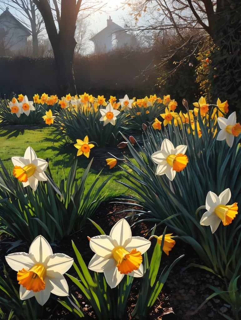 Daffodils in a flower bed, in a garden in spring, pale sunshine and dew on the grass.