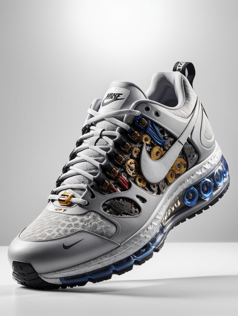 Nike sneakers made out gears, wires, mechanical, electronics, pcb, hyper-realis, futurist, stunning unreal engine render, product photography 8k, hyper-realistic. surrealism