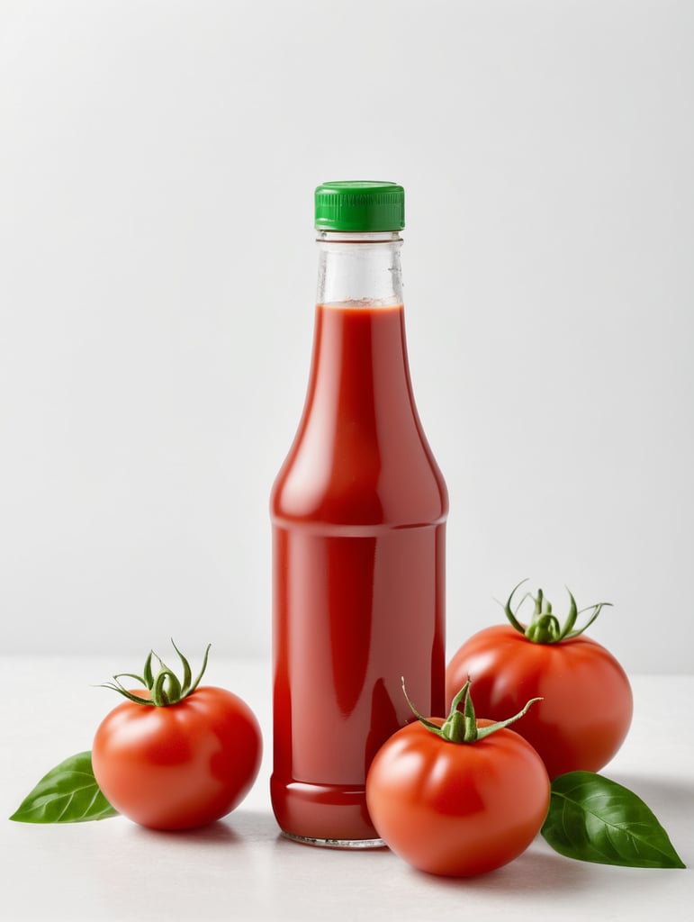 tomato ketchup bottle, red tomato with green leaves, isolated, white background