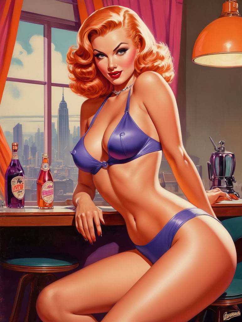 This pinup artwork of a sexy women by George Wilson is an eye-catching poster-style drawing and illustration representing the iconic pulp style, orange, pink and purple hues.