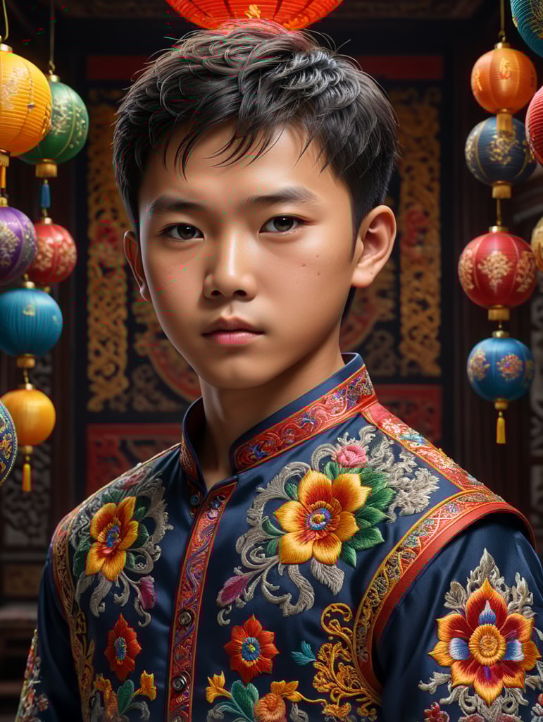 Premium Free ai Images | young chinese boy stands proudly in his  traditional embroidered shirt surrounded by vibrant colors and intricate  patterns the ultra hd resolution captures every detail of his outfit