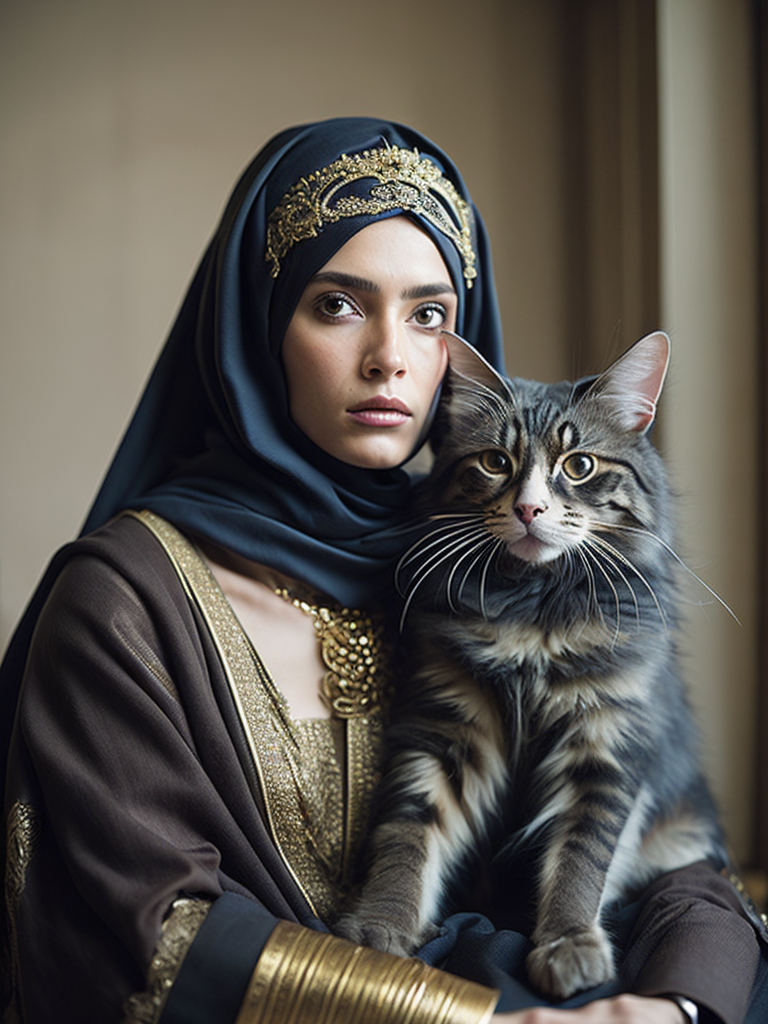 Premium Free ai Images | portrait of princess leia wearing niqab and  mainecoon cat wearing black coated arabic fashion with gold crown in  renaissance ottoman heritage hyper realistic ultra detailed photograph