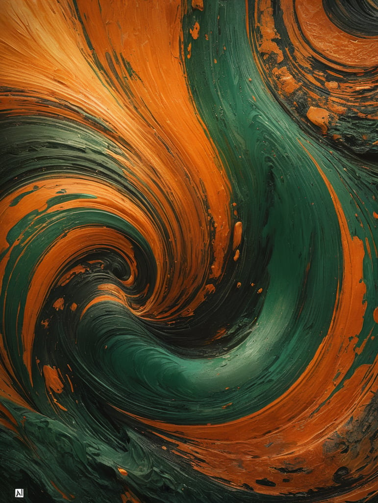 Abstract swirling patterns of green and orange hues blending seamlessly, creating a vibrant and dynamic visual. Use these captivating paint textures as a foundation for your brand's supporting backgrounds, exuding a sense of creativity and fluidity. The view from the top offers a unique perspective, capturing the essence of liquid movement and energy