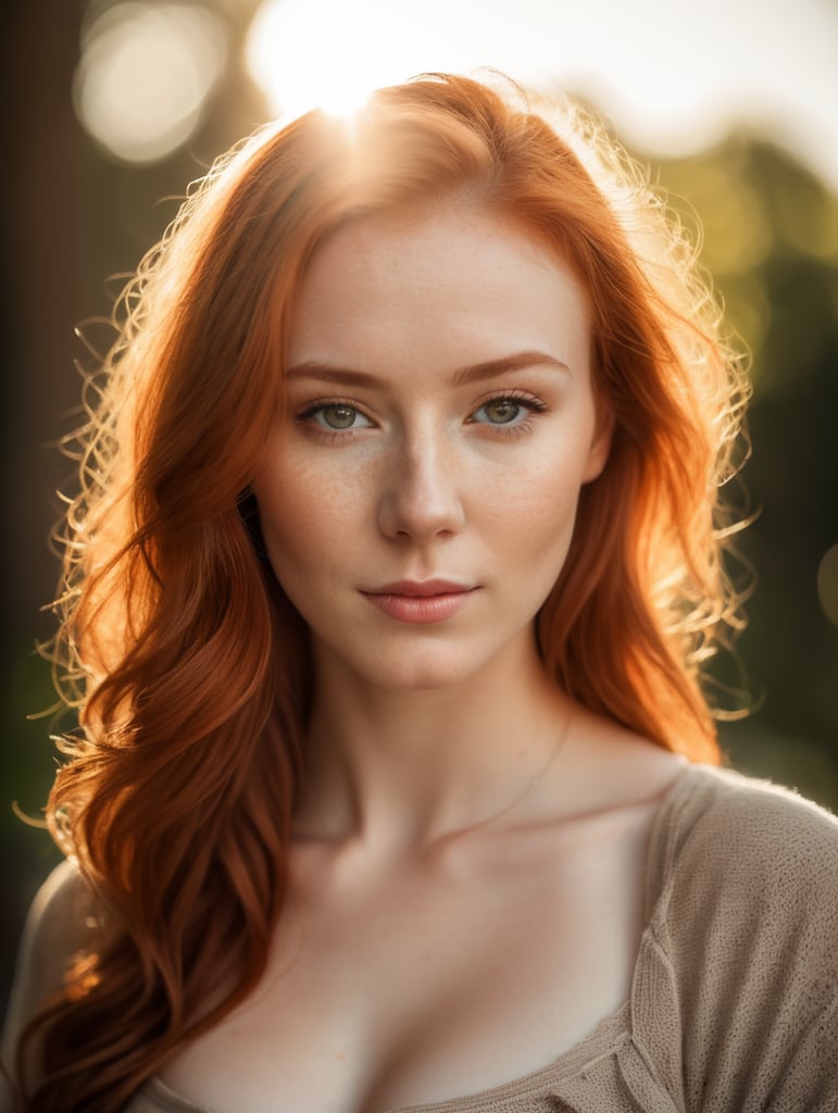 beautiful redhead 22 year old woman, breasts, sun light