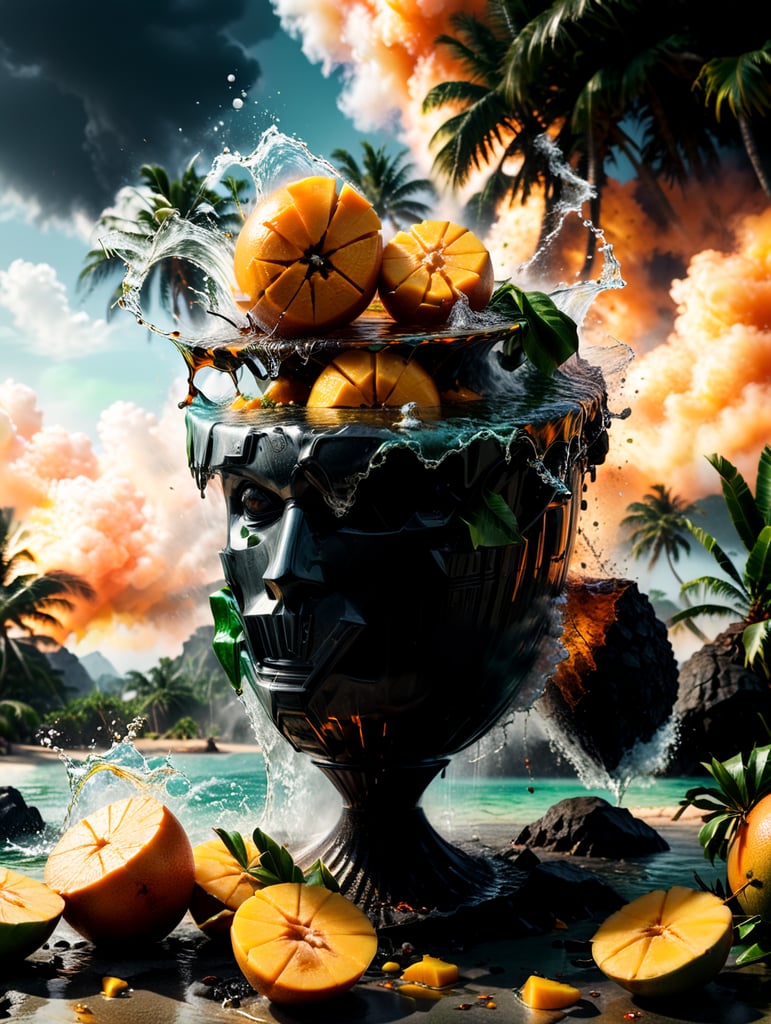 mango pieces floating, mixed orange liquid, orange and geen background, smoke, island look, palm trees, 4k photo-realistic