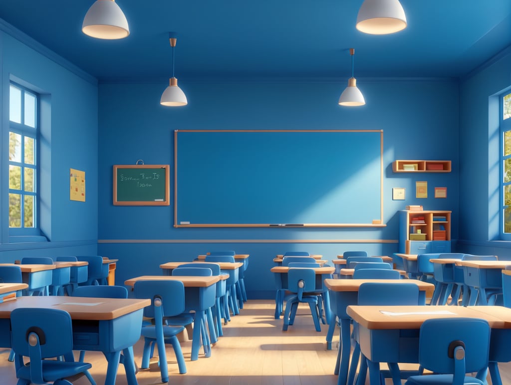 Sala de aula, com carteiras ao lado, em tom de azul