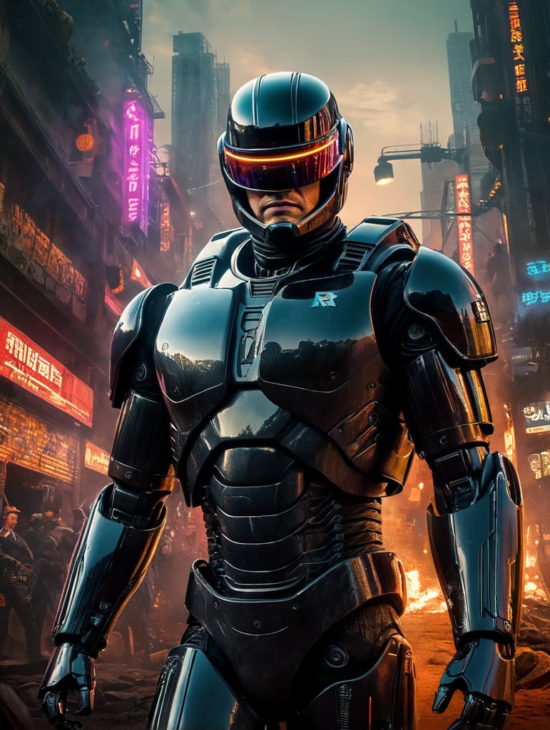 Robocop movie poster, neon style, cyberpunk, futuristic, dirt, noir, fire, energy blast, super detailed, real, deep expression, try a more dramatic helmet style