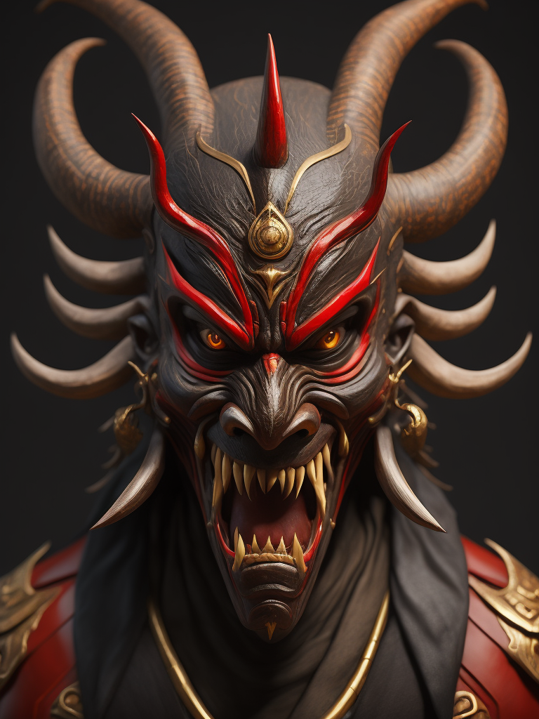 Lumenor AI Image Generation - wooden red japanese demon mask with fangs ...