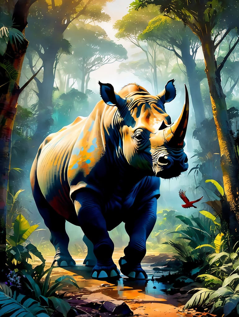 A breathtaking photograph captures the essence of the African jungle, as a magnificent rhinoceros emerges from the lush foliage. The vibrant green canopy overhead filters the golden sunlight, casting dappled shadows on the rhino's rugged, gray hide. Its powerful horn, resembling a gleaming spear, stands proudly atop its noble head. The rhino's eyes, deep and soulful, reflect a sense of wisdom and ancient knowledge, telling tales of survival and resilience. The jungle comes alive around the majestic creature, with colorful birds flitting through the air, their feathers a vibrant tapestry of reds, blues, and yellows. The scent of exotic flowers permeates the air, mingling with the earthy aroma of the jungle floor. This evocative image transports viewers deep into the heart of Africa, where the rhinoceros reigns as a symbol of strength and untamed beauty.