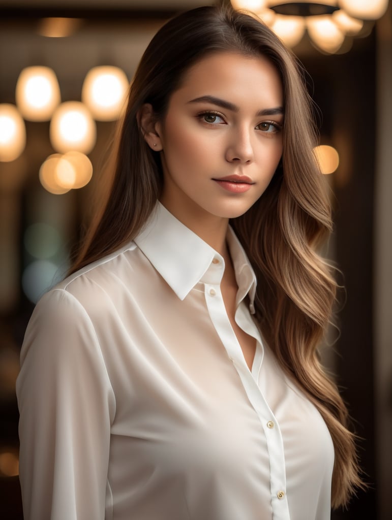 Premium Free ai Images | beautyful girl white blouse collar up long hair