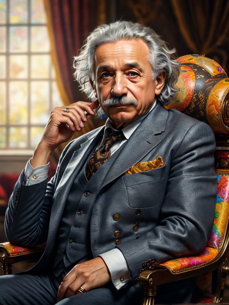 centered seated view Portrait of Albert Einstein, wearing a trage, with print, louis vuitton, bright, saturated colors, highly detailed, sharp focus, bright expressive, dramatic lighting, depth of field, incredibly high detail, on a white background