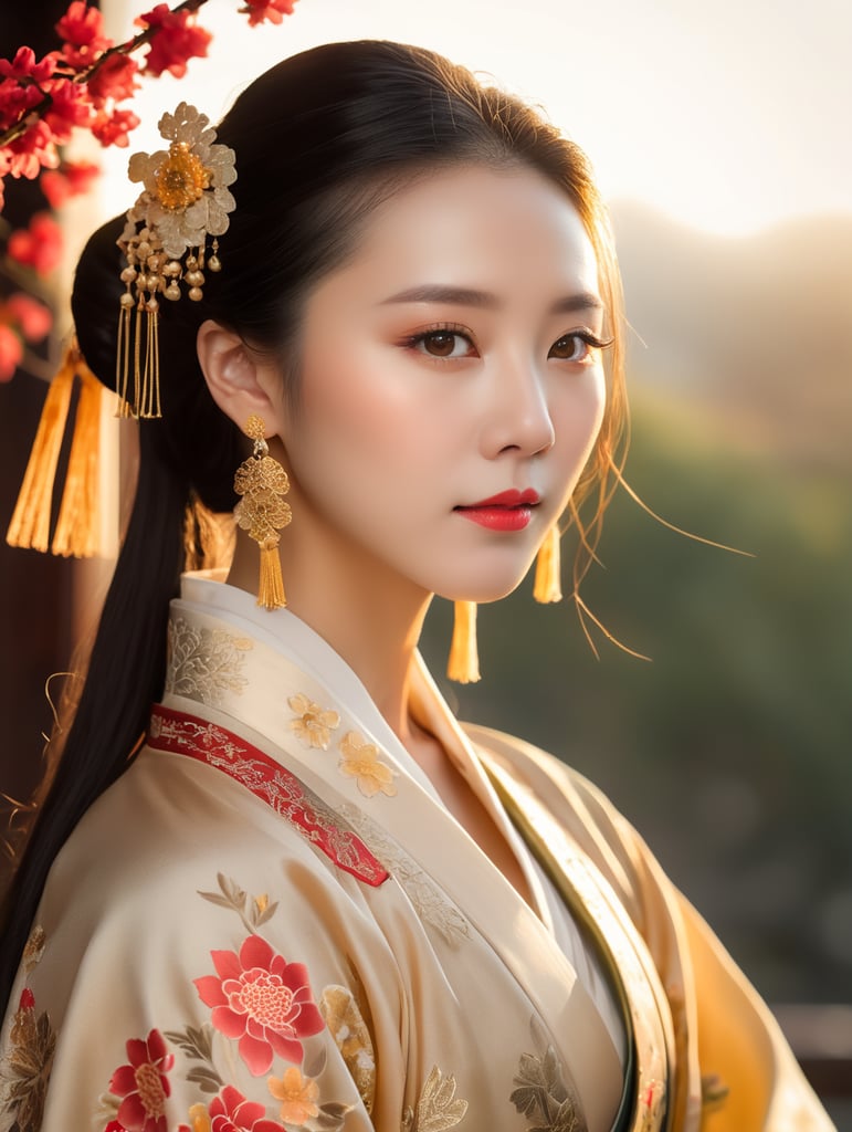 self-protrait, female chinese costume hanfu, floral, medium shot, golden hour lighting, front view