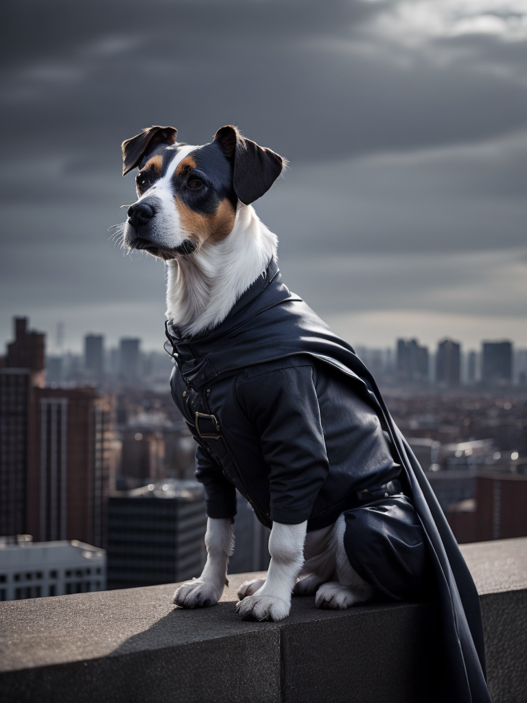 jack russell in a batman costume on the edge of the roof looking at the city