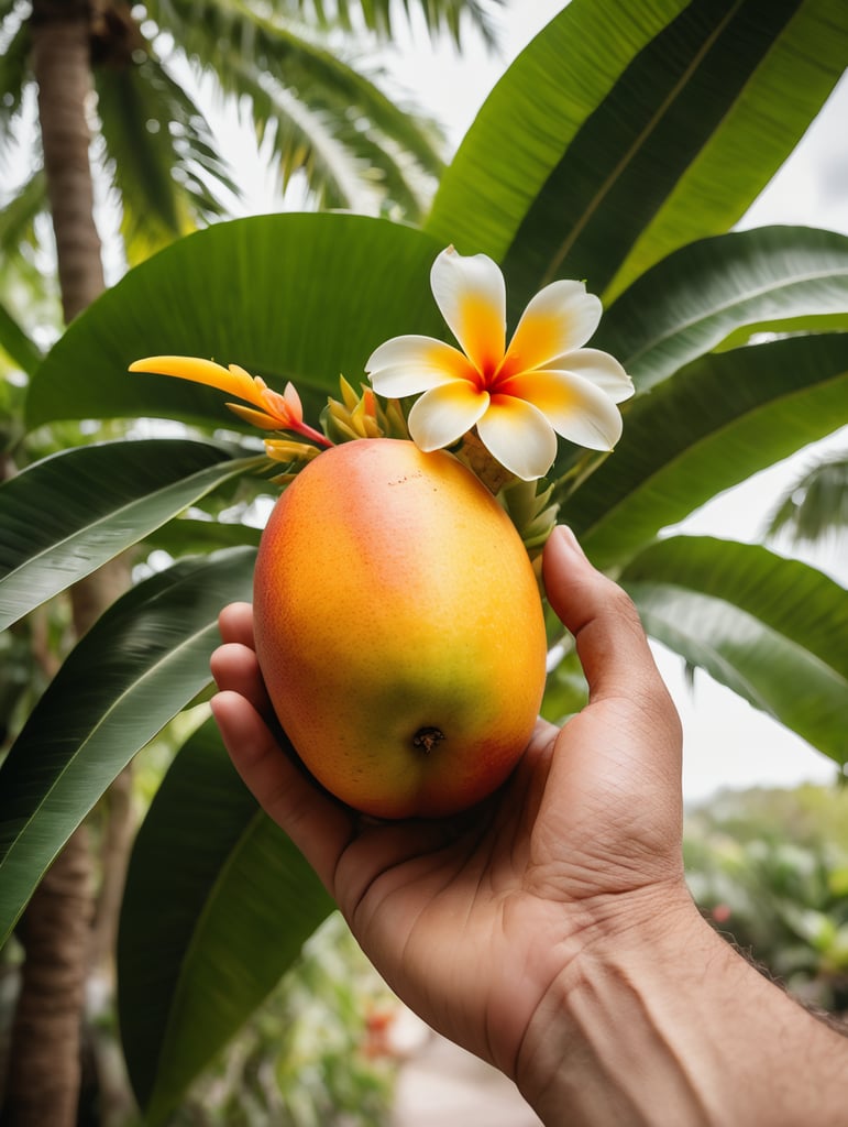 a hand holds a mango with a tropical flowers