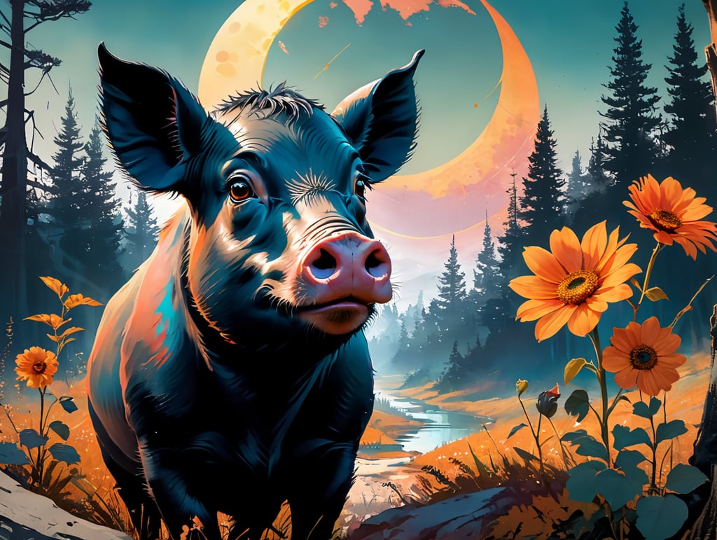 Черная свинья на луне. А вместо глаза цветок. Вокруг лес