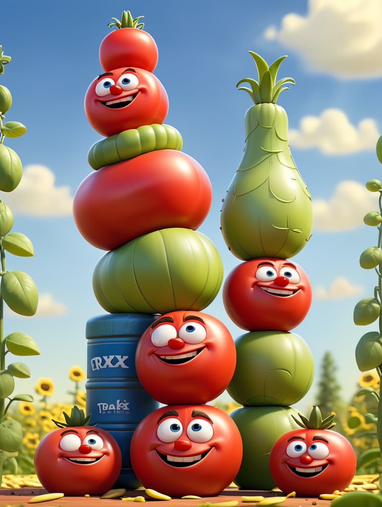 several red tomatoes stacked together forming a ketchup bottle with some leaves around it, beautiful tomato plantation in the background and a blue sky, short grass and yellow flower, creamy light, ambient lighting, beautiful colors