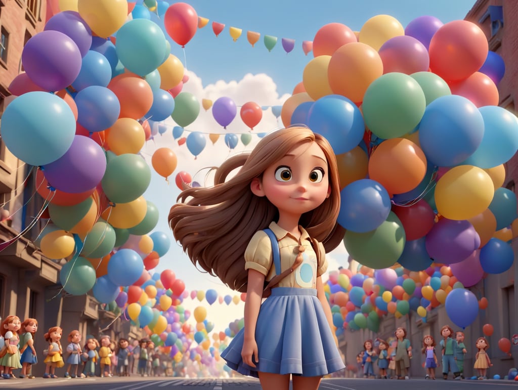 A beautiful girl with long hair is standing in front of a street full of balloons, Pixar animation style