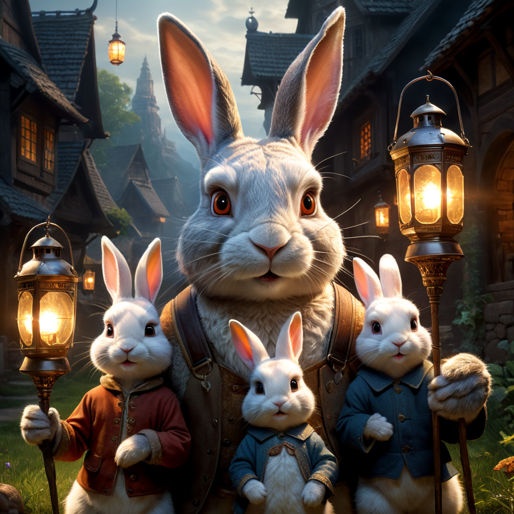 A handsome rabbit-father with a beautiful human-mother. Their children are half breed human-rabbit. Their children face are human head, rabbit ears, rabbit nose. They are playing with lantern.