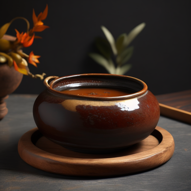 ancient small clay and glazed Chinese pot, deep atmosphere, realistic photo