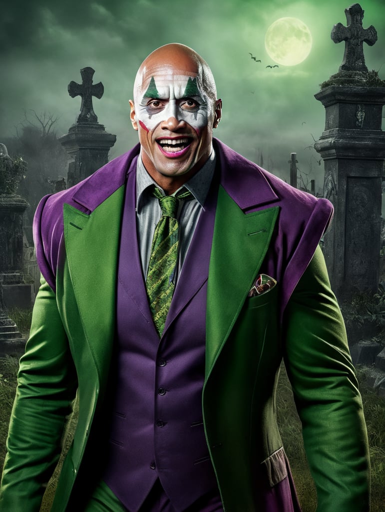 Portrait of Dwayne Johnson in a joker costume for Halloween, scary makeup on his face, dark atmosphere, vintage style, green and pink colors, highly detailed photo, professional photo, against the backdrop of an old creepy cemetery, contrasting light, bright colors