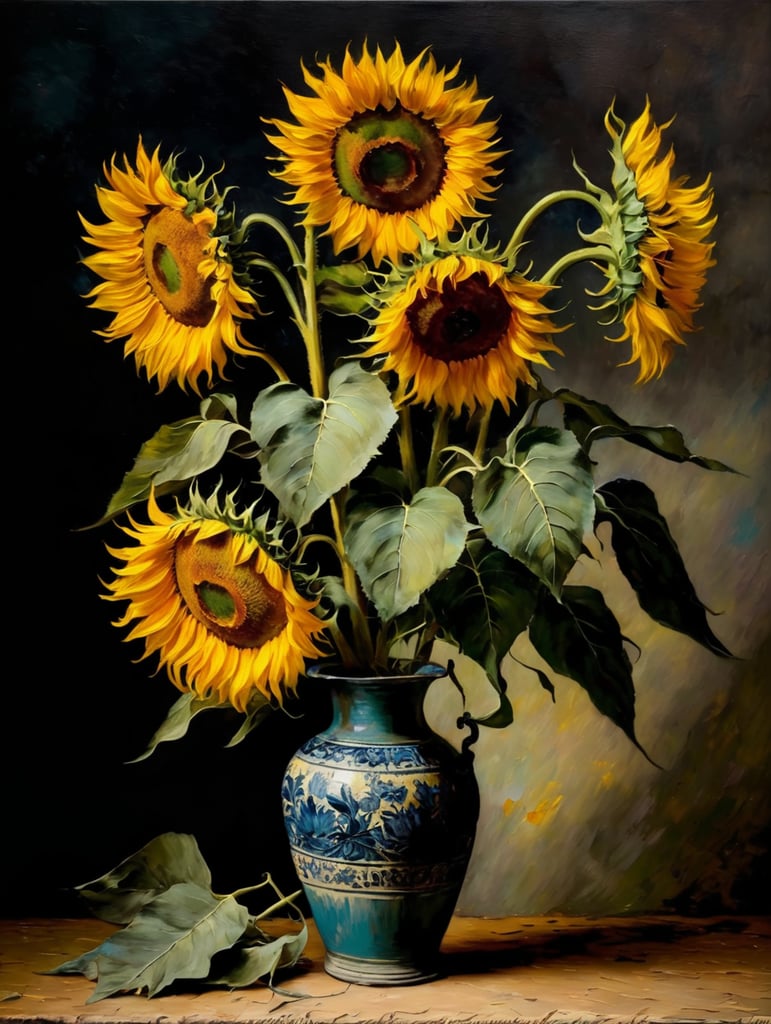 Sunflowers, moody, oil painting, by Vincent Van Gogh