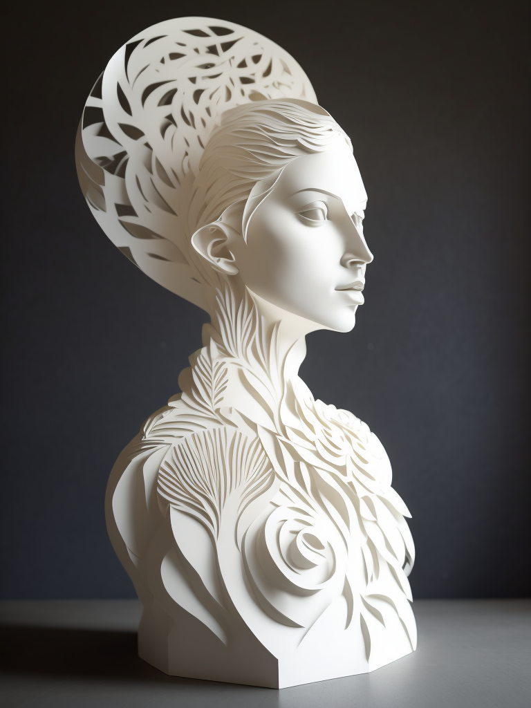 White cut paper sculpture woman, focus on details