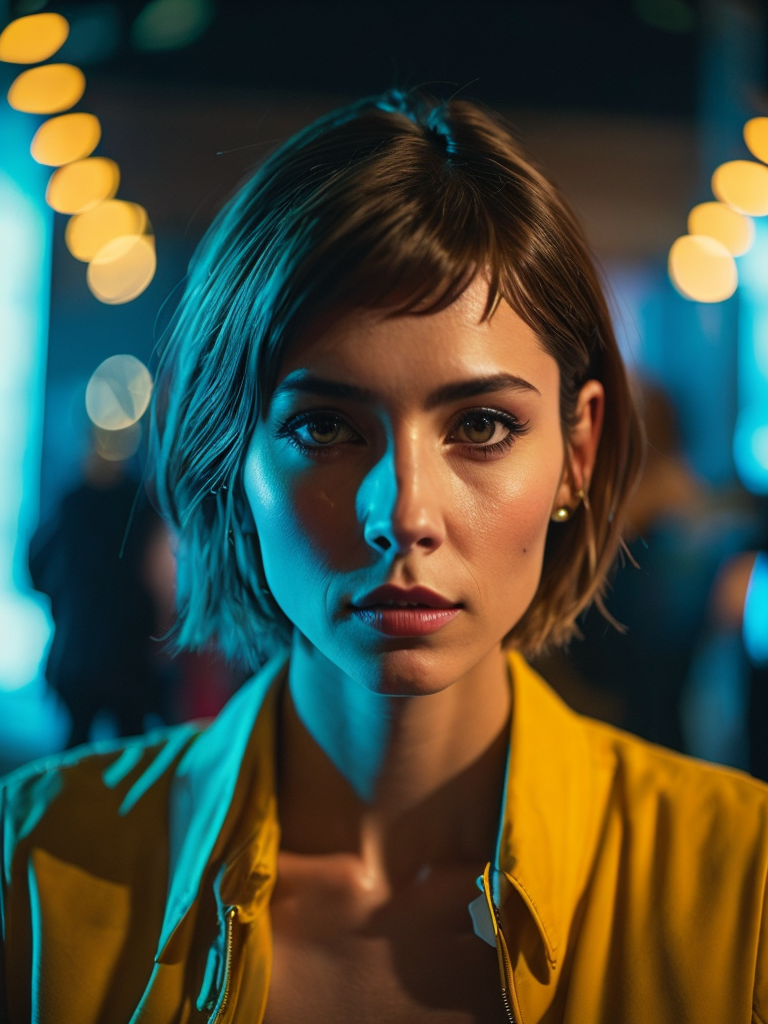 a women looks on the camera, yellow side lighting, focused gaze, canon 50 lens, focus on the face everything else is in blur, the blade runner scene.